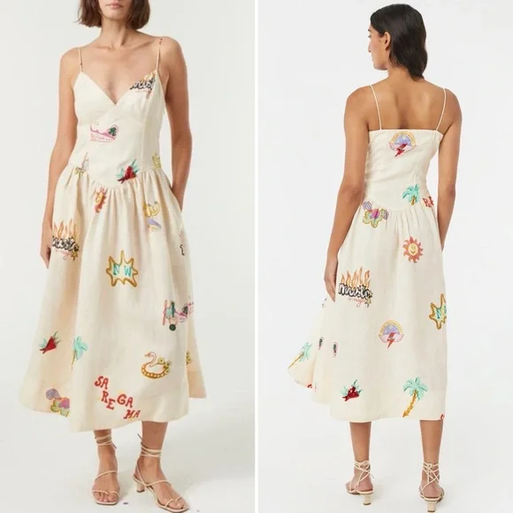 RHODE Sophie Linen Midi Dress Musical Print NWT Size 12 - Picture 16 of 16